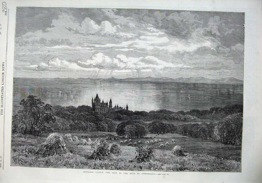 Old Antique Print 1866 Durobin Castle Duke Sutherland Golspie Hay Stacks 19th