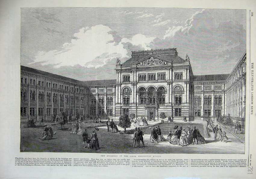 Original Old Antique Print 1866 Exterior New Buildings Kensington Museum People