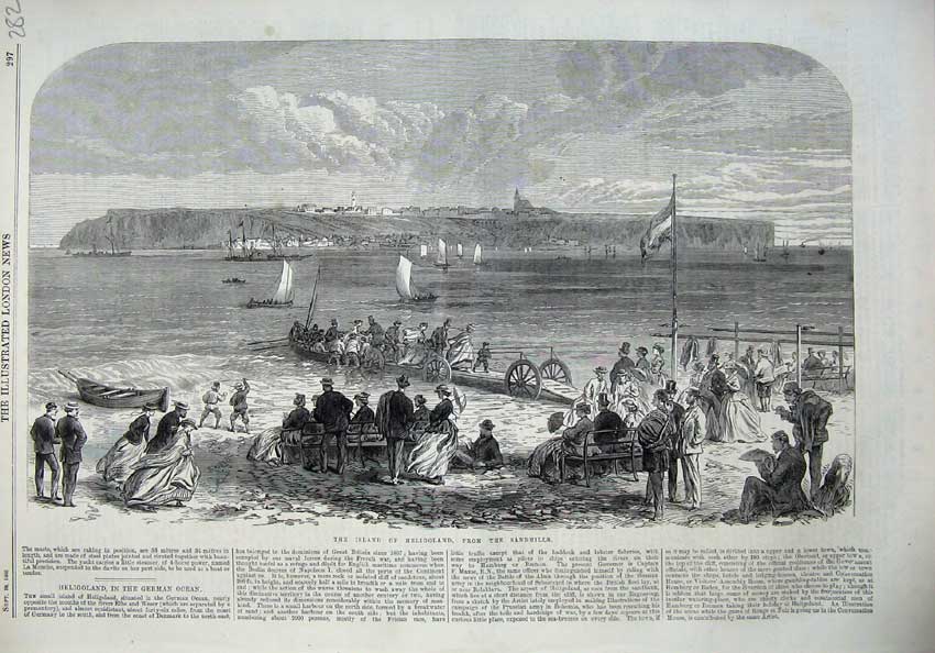 Old Antique Print 1866 View Island Helogoland Ships People Sea Boat Beach 19th