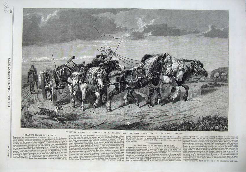 Old Antique Print 1866 Timber Picardy Horse Cart Logs Dogs Beavis Thomas 19th