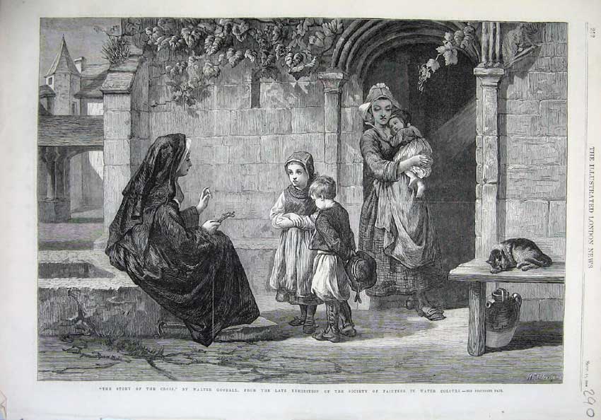 Old Antique Print Story Cross Nun Children Mother Baby 1866 Goodall Art 19th