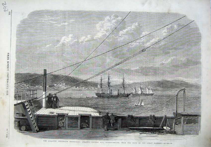 Old Antique Print 1866 Atlantic Telegraph Ship Great Eastern Content Bay 19th