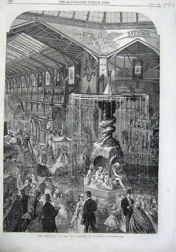 Old Antique Print Fine Art 1866 Exhibition Arts Industry Stockholm Water 19th