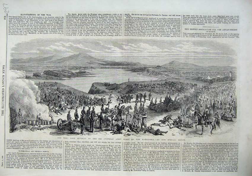 Original Old Antique Print War 1866 Bivouac Austrain Army Marchfield Mountains