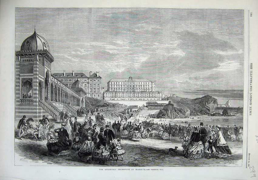 Original Old Antique Print 1866 Families Afternoon Promenade Biarritz Buildings
