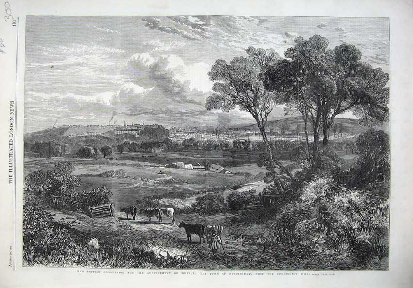 Original Old Antique Print 1866 Fine Art View Town Nottingham Ruddington Hills