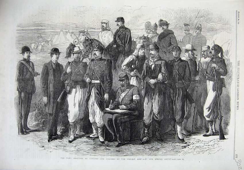 Original Old Antique Print 1866 War Costumes Officers Siers Italian Army Art