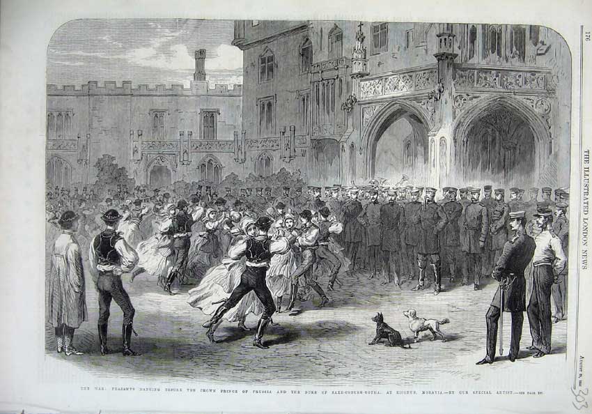 Old Antique Print 1866 War Peasants Dancing Prince Prussia Duke Moravia 19th
