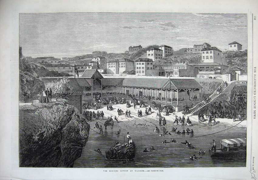 Old Antique Print 1866 Fine Art Morning Lounge Biarritz People Buildings 19th