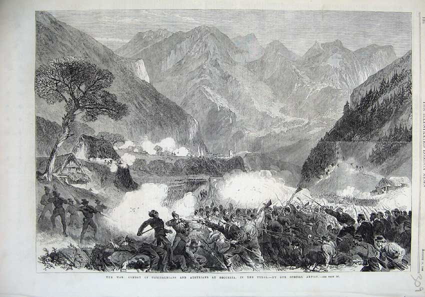 Old Antique Print 1866 War Combat Garibaldians Austrians Beccezza Tyrol 19th