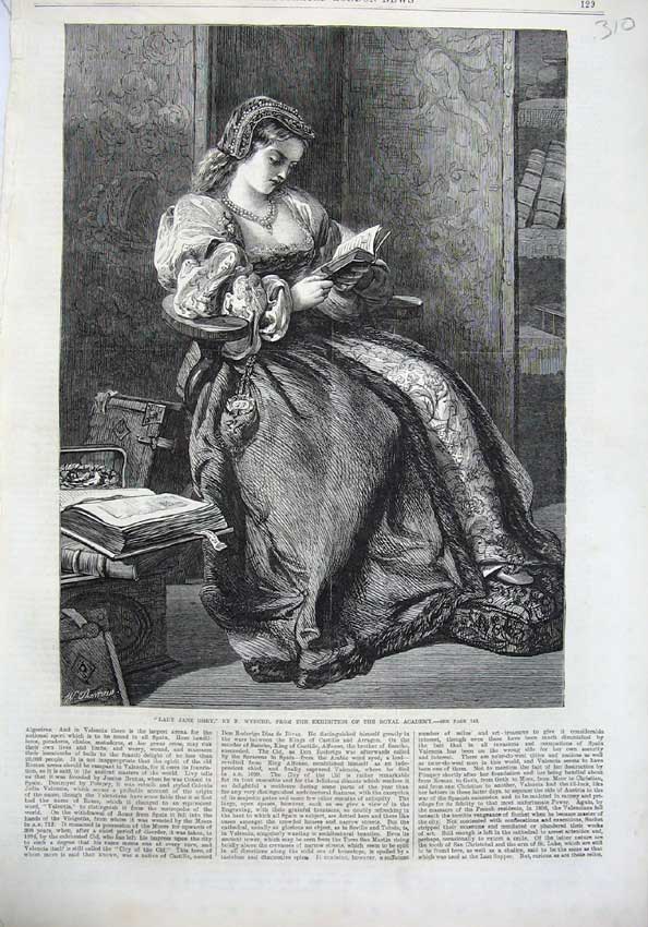 Old Antique Print Fine Art 1866 Portrait Lady Jane Grey Reading Book Lady 19th