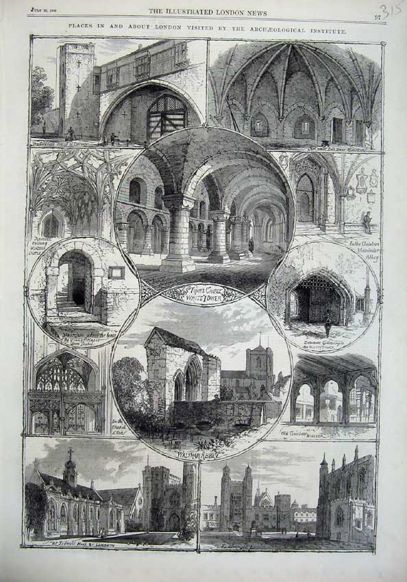 Original Old Antique Print 1866 Waltham Abbey Johns Chapel Windsor Castle Tower