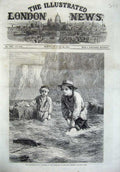 Original Old Antique Print 1866 Little Boys Boat Playing Sea Cliffs Thomas 19th