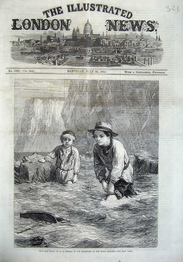 Original Old Antique Print 1866 Little Boys Boat Playing Sea Cliffs Thomas 19th