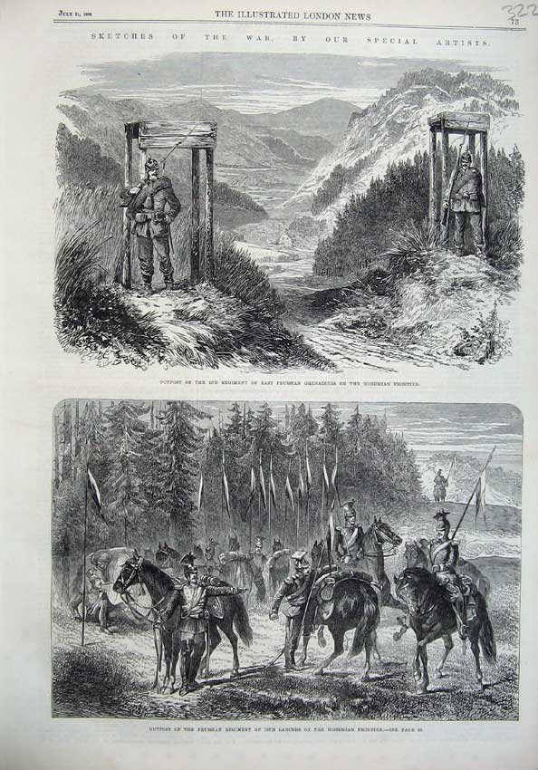 Old Antique Print 1866 War Outpost Prussian Lancers Bohemian Frontier Art 19th