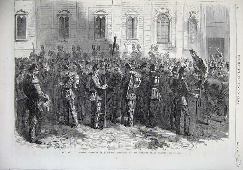 Original Old Antique Print War 1866 Prussian Siers Landwher Theatre Dresden