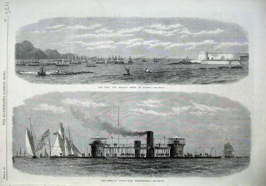 Old Antique Print 1866 War American Turret-Ship Miantonomah Italian Fleet 19th