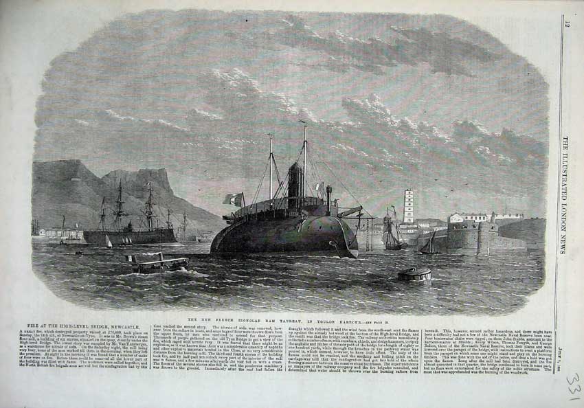 Original Old Antique Print 1866 French Iron Clad Ship Taurea Toulon Harbour Art