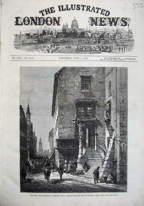 Old Antique Print Fine Art1866 War Rathhaus Gorlitz Silesia Prussian Army 19th
