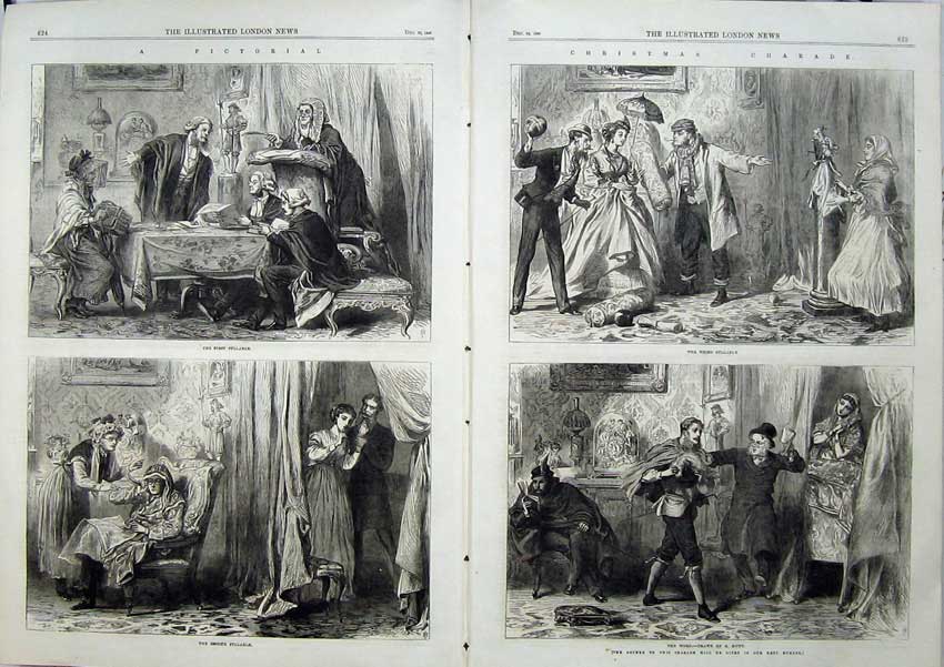 Old Antique Print 1866 Christmas Scene Family Charade Pictoral Fine Art 19th