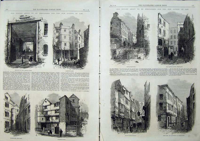 Old Antique Print 1866 Houses Boswell Court Newcastle Demolished Courts 19th