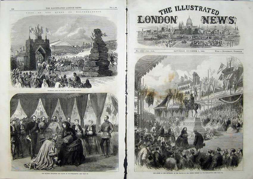 Original Old Antique Print Queen Statue Prince Consort Wolverhampton 1866 Arch
