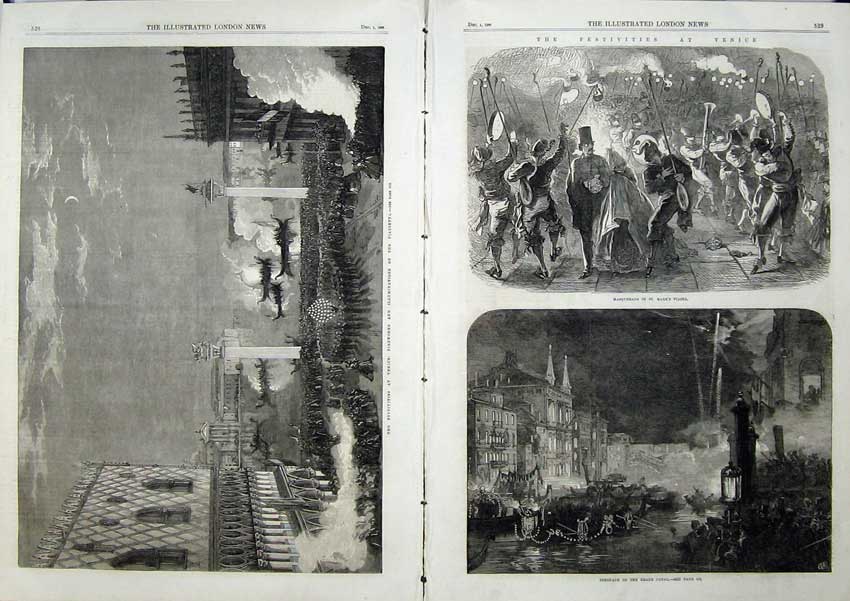 Antique Old Print Fine Art 1866 Festivities Venice Grand Canal Masquerade 19th