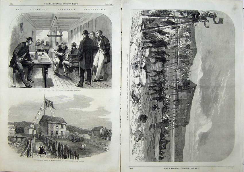 Old Antique Print Atlantic Telegraph 1866 Newfoundland Station Boats Art 19th