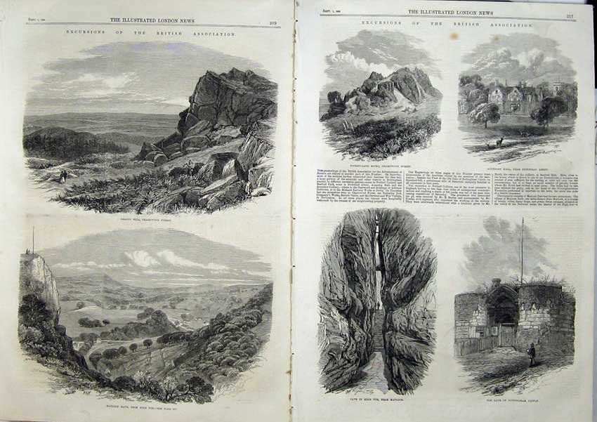 Old Antique Print Beacon Hill 1866 Matlock Bath Forest Cave Abbey Castle 19th