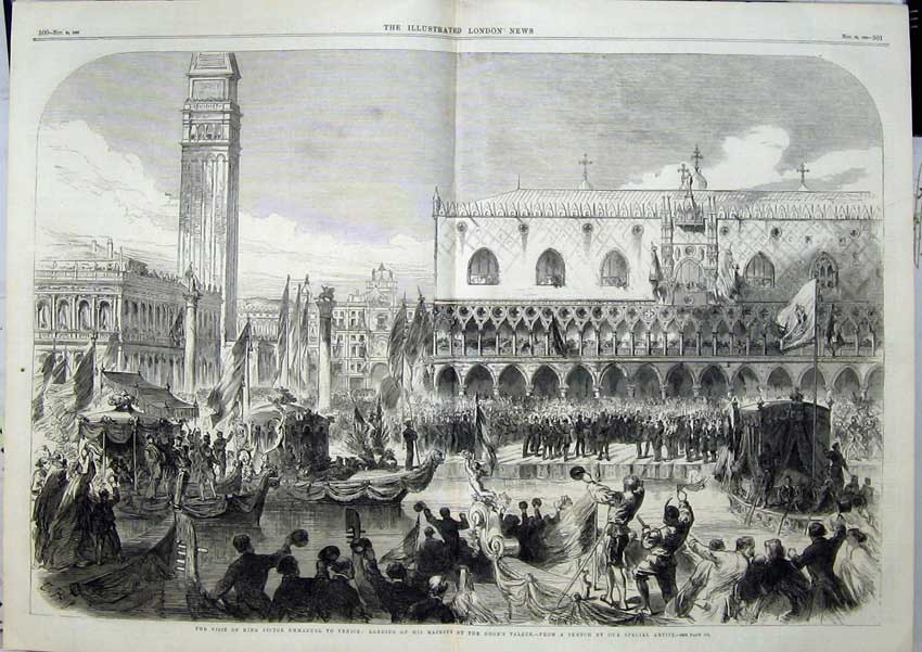 Old Antique Print 1866 King Victor Emmanuel Venice Doge'S Palace Canal 19th