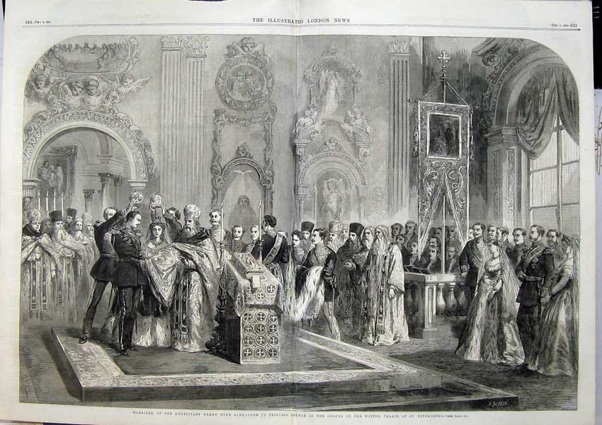 Old Antique Print 1866 Marriage Duke Alexander Dagmar Palace Petersburg 19th