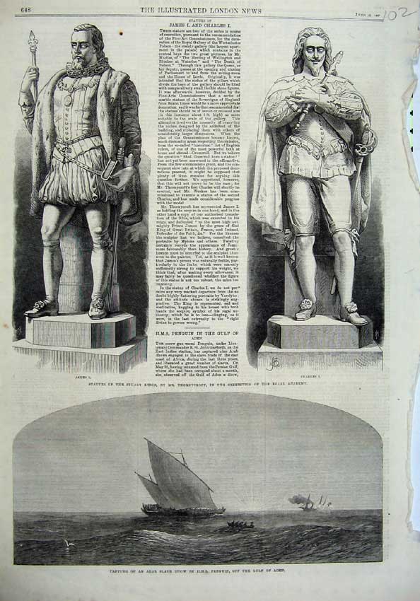 Old Antique Print 1867 Statue King James Charles Arab Dhow Penguin Aden 19th