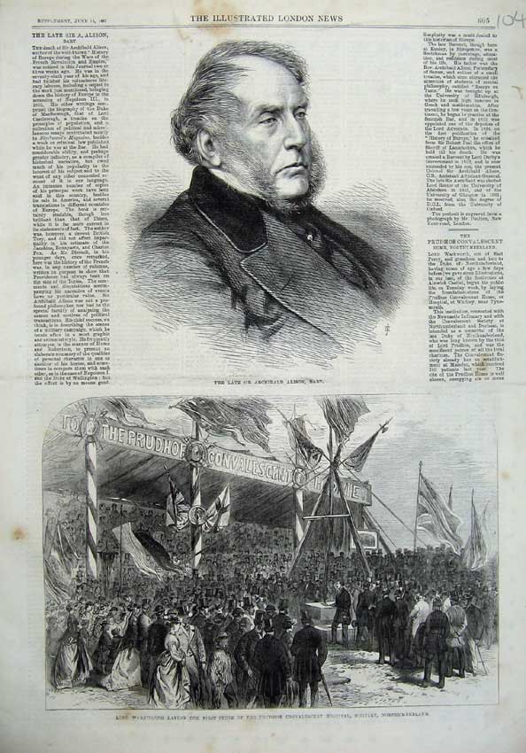 Old Antique Print 1867 Archibald Alison Lord Warkworth Hospital Whitley 19th