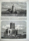 Old Antique Print 1867 Bristol Cathedral Light House Guernsey Pierre-Port 19th