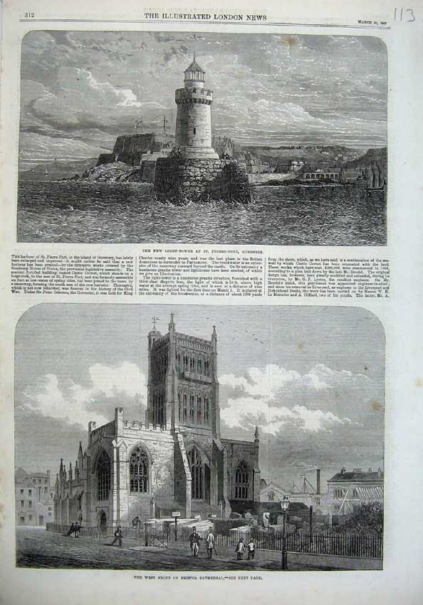 Old Antique Print 1867 Bristol Cathedral Light House Guernsey Pierre-Port 19th