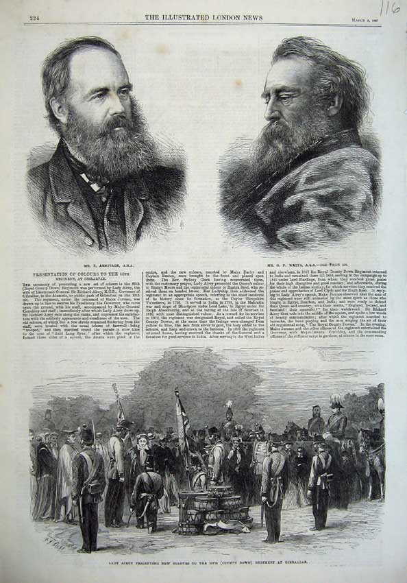 Old Antique Print 1867 Armitage Watts Lady Airey Gibraltar Army Colours 19th