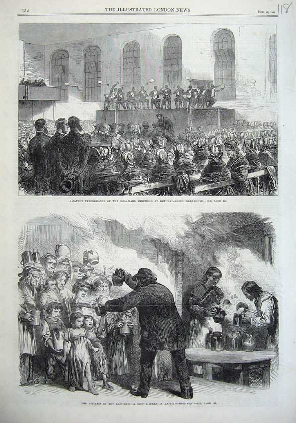 Old Antique Print 1867 Soup Kitchen Ratcliff Minstrels Bethnal Workhouse 19th