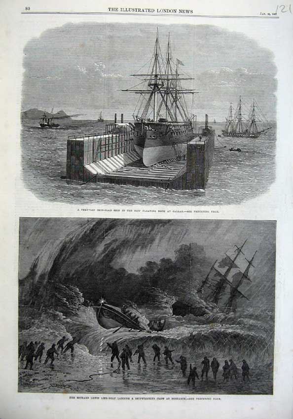 Old Antique Print Fine Art 1867 Lewis Life-Boat Pe Penzance Peruvian Dock 19th