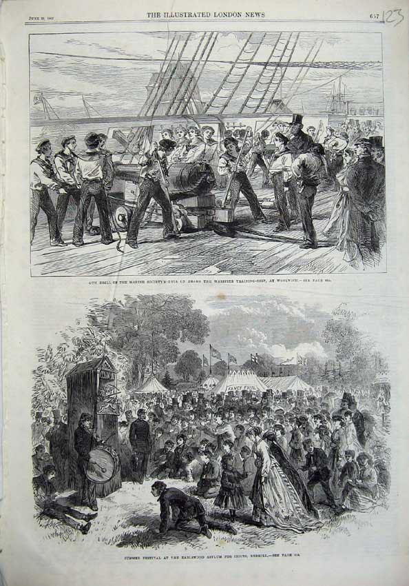 Original Old Antique Print 1867 Warspite Training Ship Woolwich Asylum Redhill