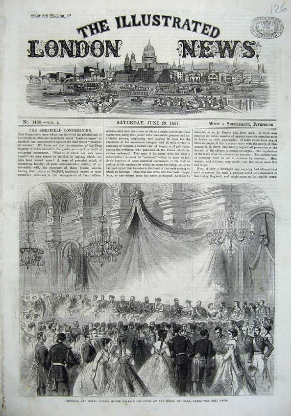 Original Old Antique Print 1867 Imperial Royal Guests Galerie Hotel Ville Paris