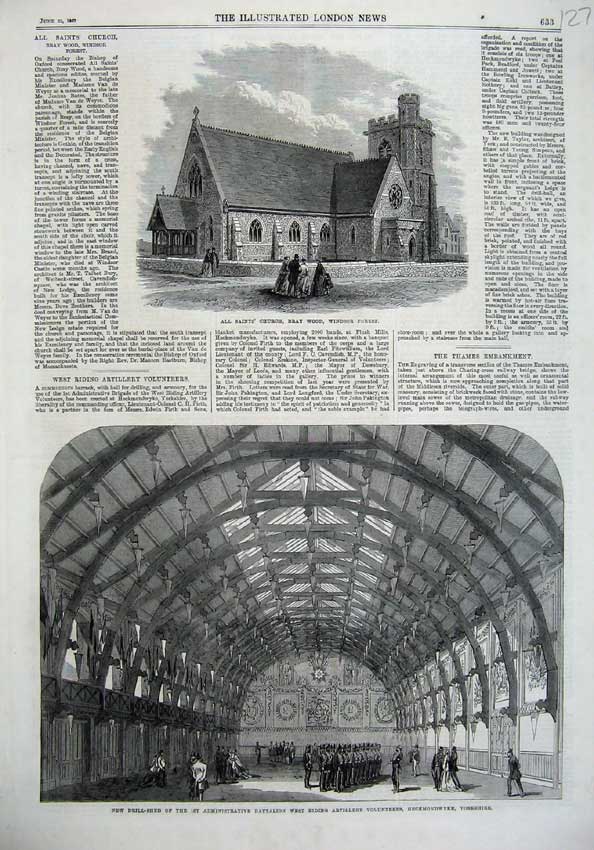 Old Antique Print 1867 Church Windsor Forest Drill Shed Ta Army Yorkshire 19th