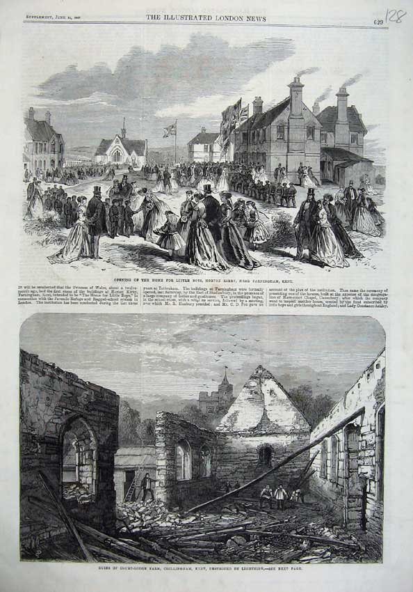 Old Antique Print Home Little Boys Horton Kirby 1867 Ruins Farm Kent Art 19th