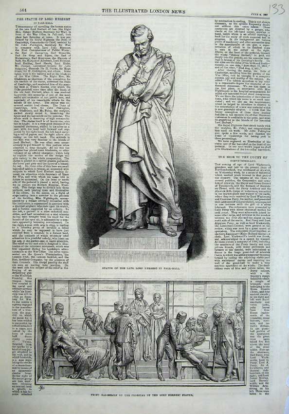 Old Antique Print Statue Lord Herbert 1867 Bas-Relief Pedestal Pall-Mall 19th