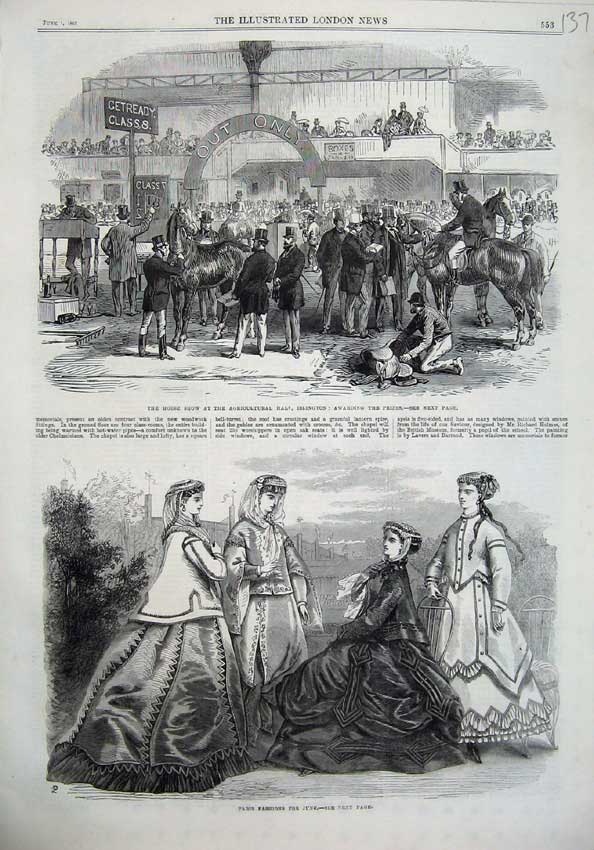 Original Old Antique Print Paris Fashion 1867 Horse Show Islington Agricultural