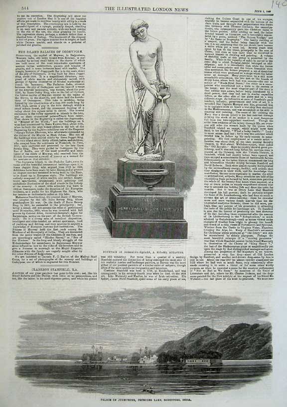 Original Old Antique Print Fountain Berkeley Square 1867 Jugmunder Palace India