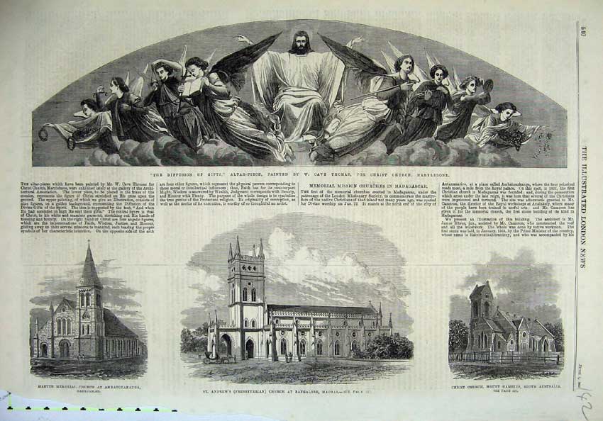 Old Antique Print 1867 Church Ambatonakanga Madras Australia Altar-Piece 19th