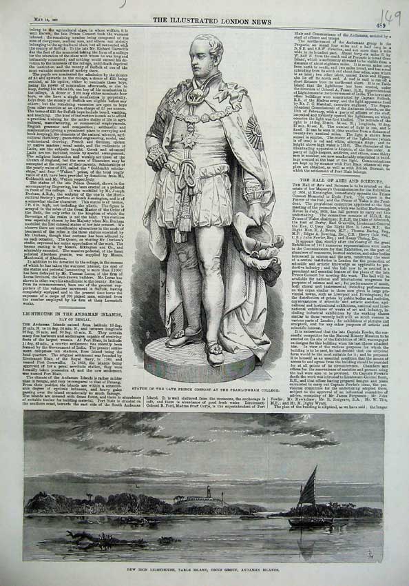 Old Antique Print 1867 Statue Prince Consort Table Island Lighthouse Iron 19th