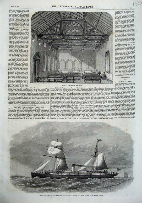 Old Antique Print 1867 Bunyan'S Schools Bedford Steam Ship Lamont Glasgow 19th