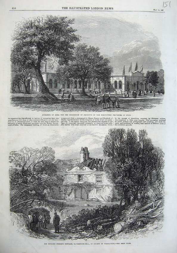 Original Old Antique Print 1867 Richard Steele Cottage Haverstock Building Agra