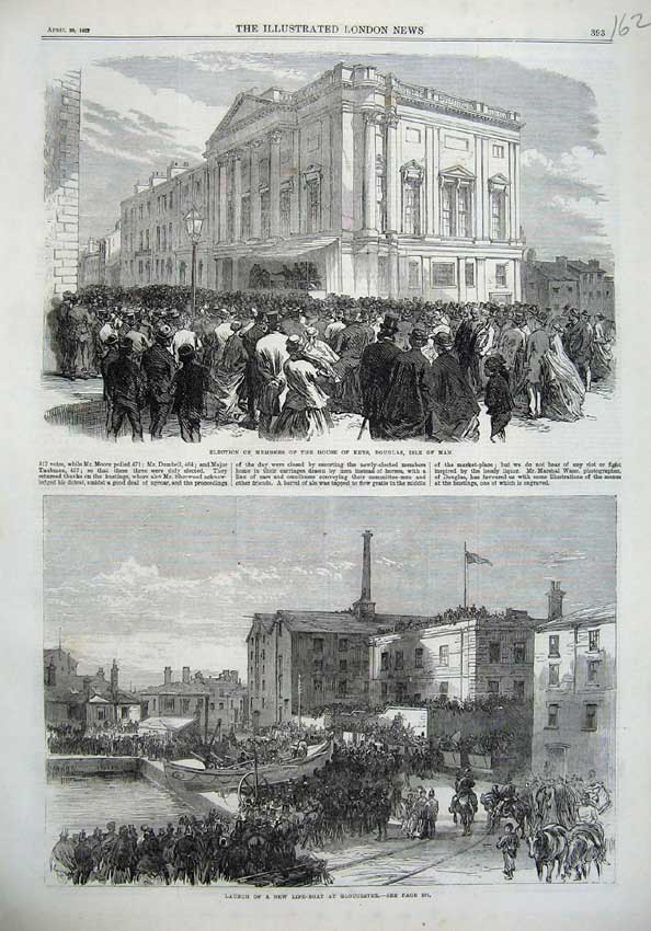 Old Antique Print Members Keys Douglas Isle Man Life Boat Gloucester 1867 19th